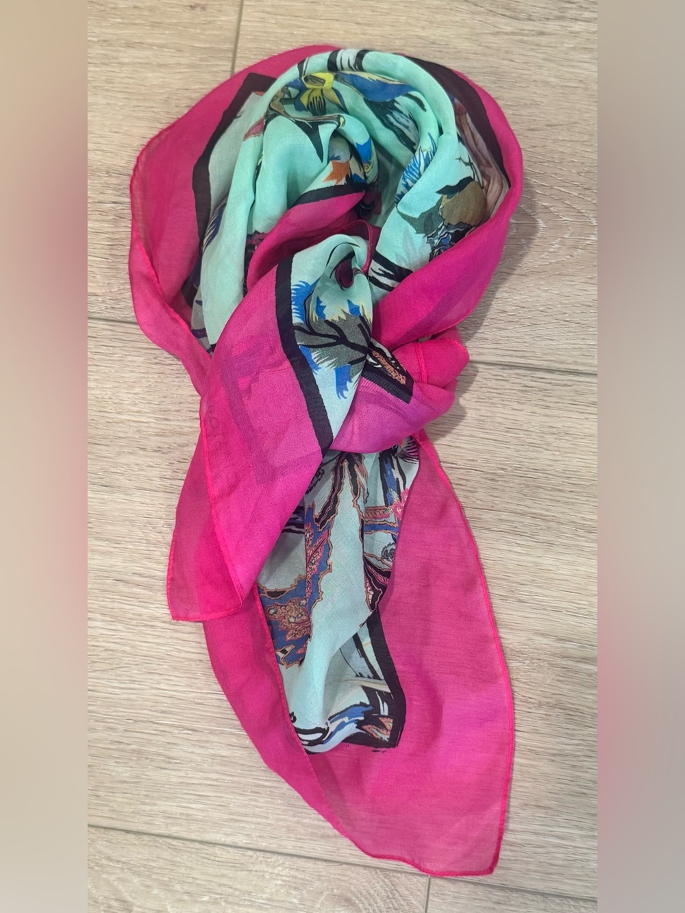 Floral Mint, 100% Silk Scarf with Pink Border by Rosabotanica, Made In Italy